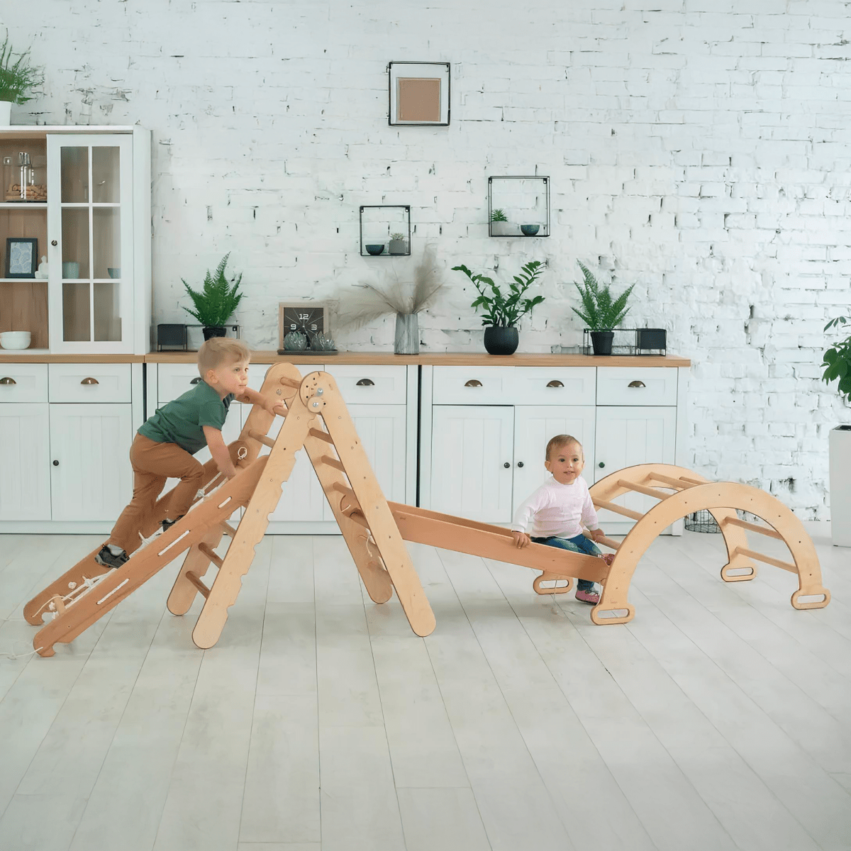 4in1 Montessori Climbing Set: Triangle Ladder + Climbing Arch + Slide Board + Net – Beige from Goodevas