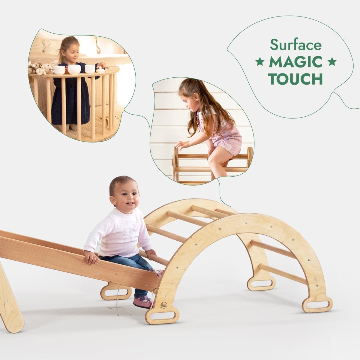 4in1 Montessori Climbing Set: Triangle Ladder + Climbing Arch + Slide Board + Net – Beige from Goodevas