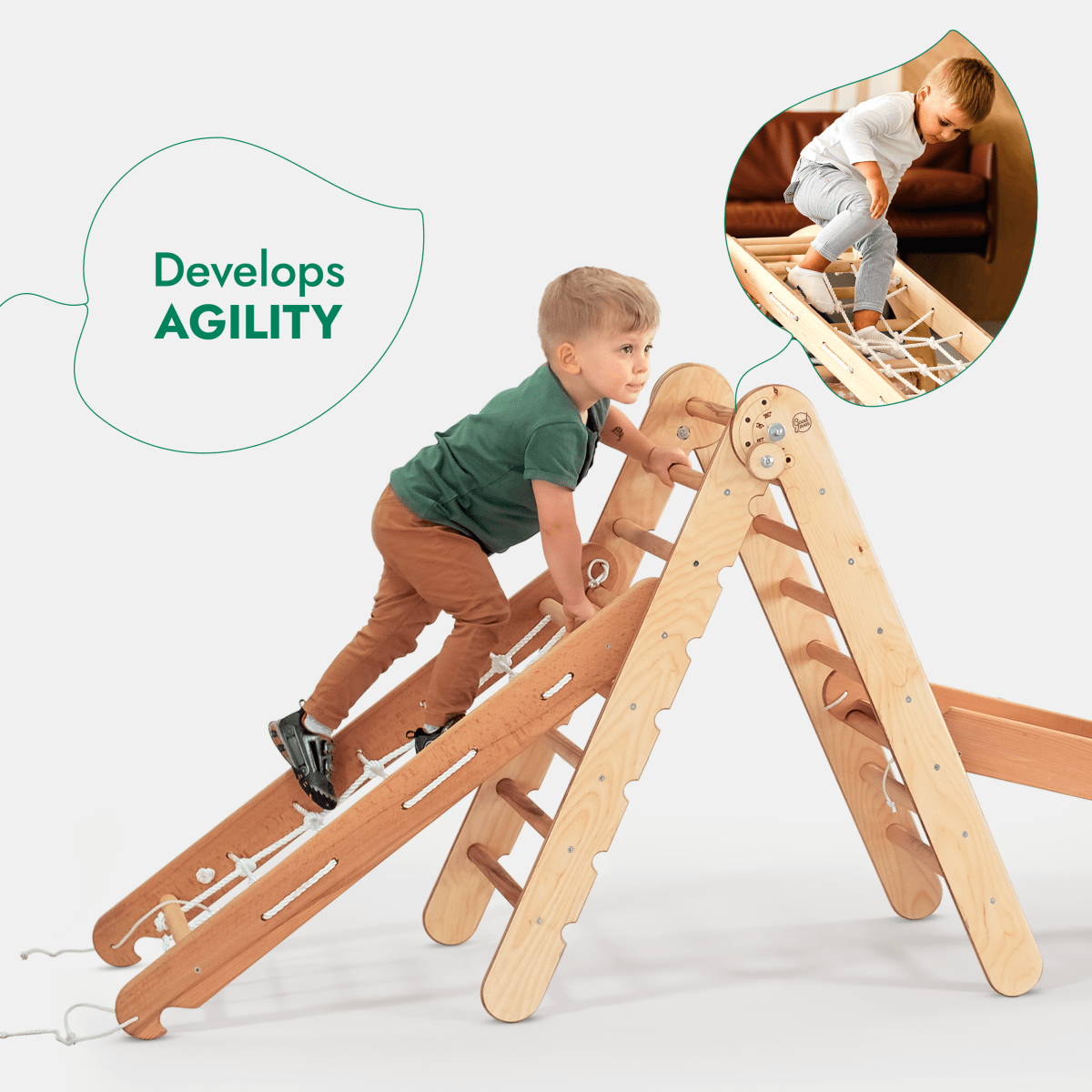 4in1 Montessori Climbing Set: Triangle Ladder + Climbing Arch + Slide Board + Net – Beige from Goodevas