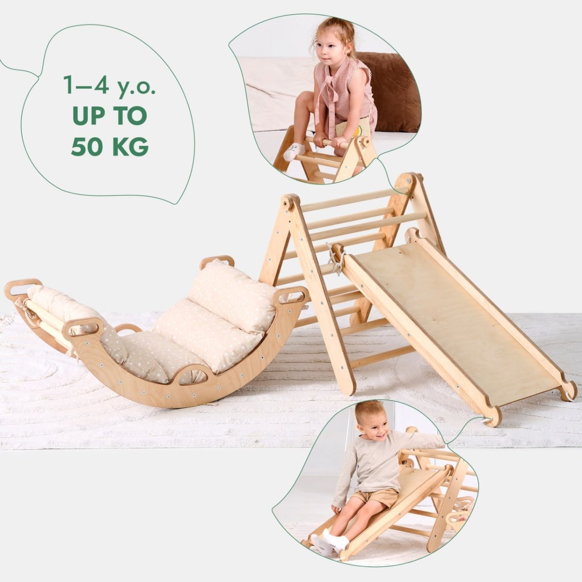 4in1 Montessori Climbing Set: Triangle Ladder + Climbing Arch + Slide Board + Cushion (1-3 y.o) from Goodevas