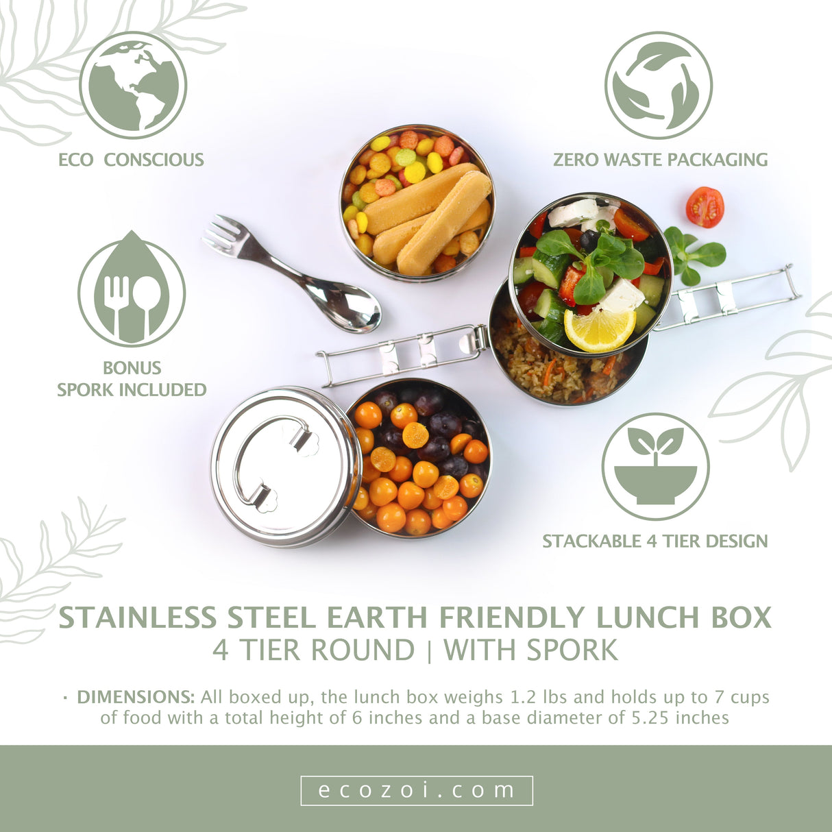 Stainless Steel Lunch Box, 4 Tier Round with Spork, 55 Oz from ecozoi