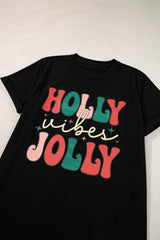 Black HOLLY JOLLY Vibes Christmas Crew Neck T Shirt from MsDressly