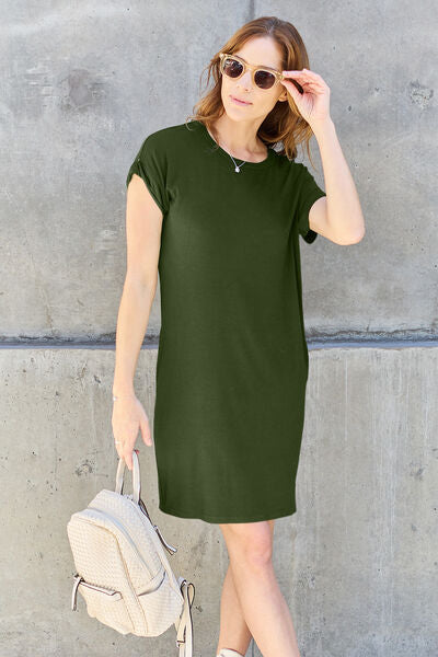 Basic Bae Full Size Round Neck Short Sleeve Dress with Pockets from Enfance-Heureuse