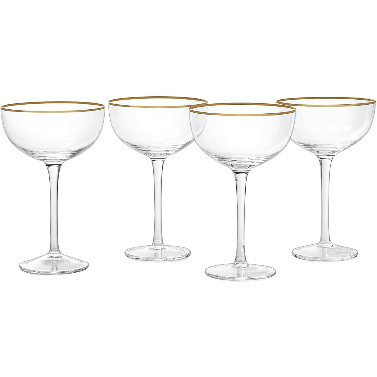 Vintage Crystal Champagne Coupe Gold Rim Glasses | Set of 4 | 7 oz, Gilded Rim Classic Cocktail Glassware - Martini, Manhattan, Cosmopolitan, Sidecar, Daiquiri | 1920s Style Saucer Goblets | Gift Box from The Wine Savant