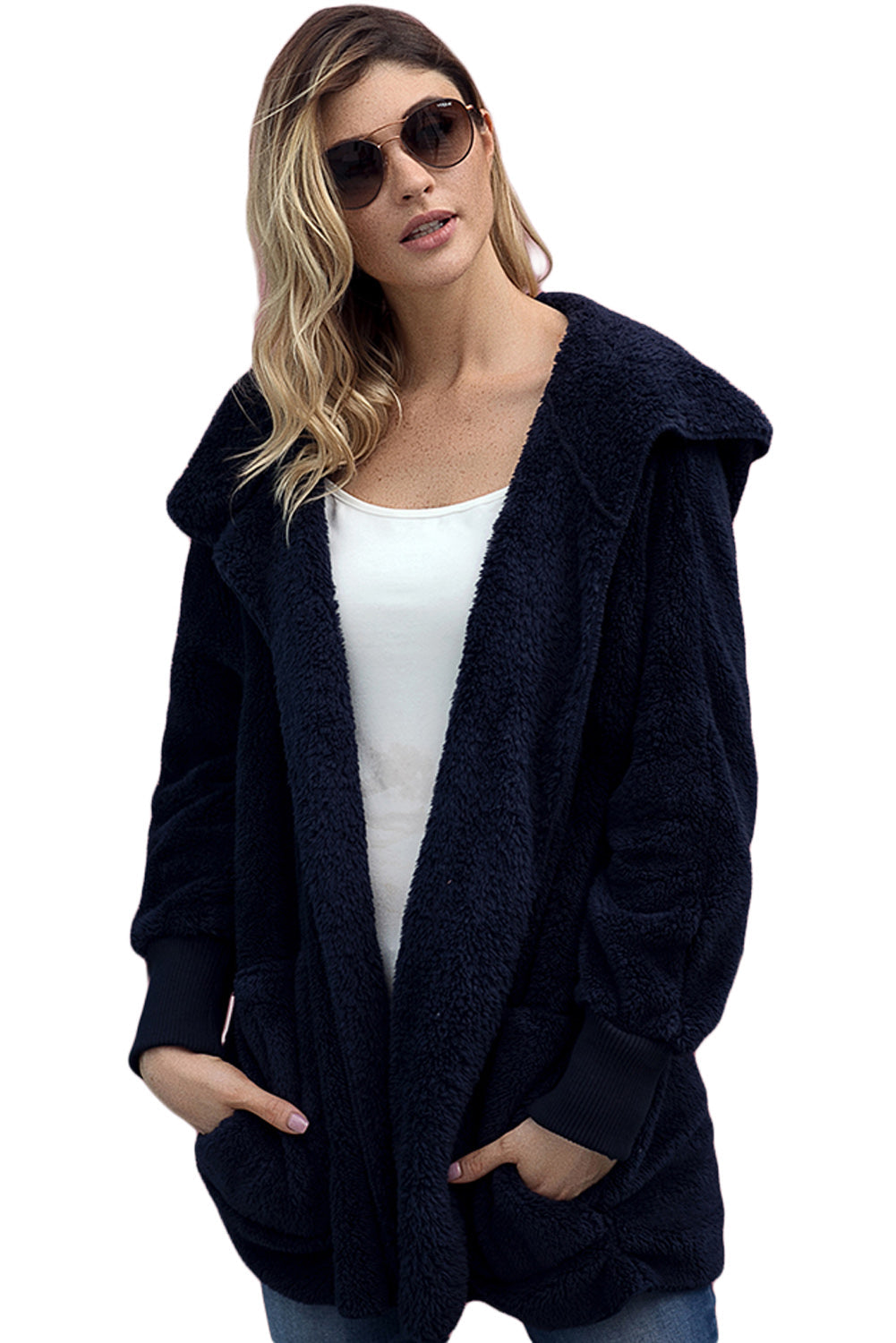 Blue Soft Fleece Hooded Open Front Coat From MsDressly