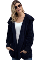 Blue Soft Fleece Hooded Open Front Coat From MsDressly