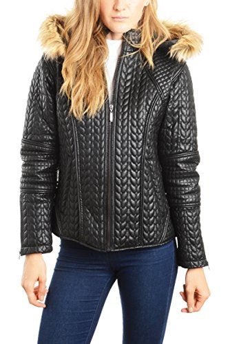 REED Women's Designer Coat with Zip Out Hooded Faux Fur Leather Jacket - Imported From Reed Leather