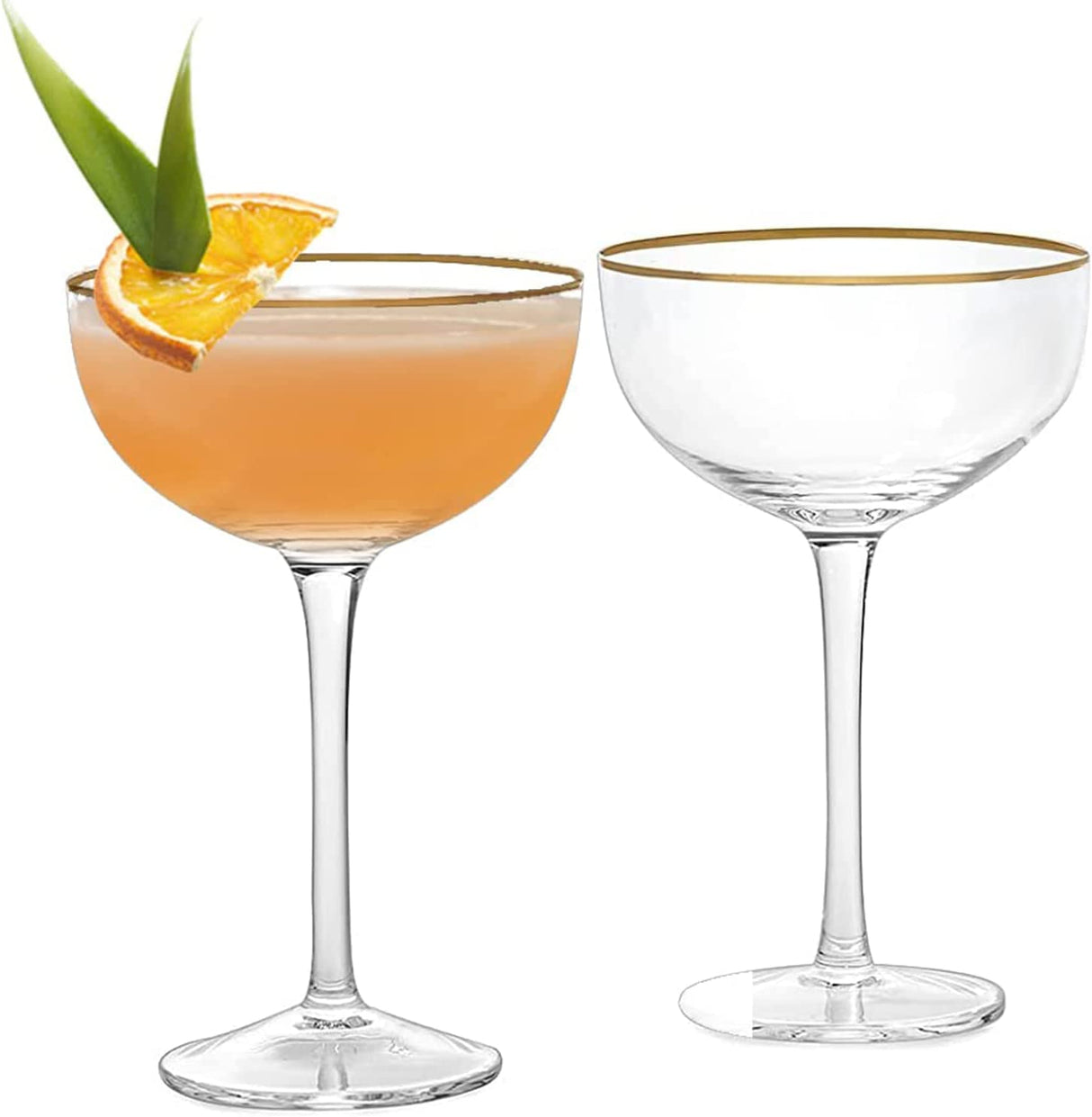 Vintage Crystal Champagne Coupe Gold Rim Glasses | Set of 2 | 7 oz, Gilded Rim Classic Cocktail Glassware - Martini, Manhattan, Cosmopolitan, Sidecar, Daiquiri | 1920s Style Saucer Goblets | Gift Box from The Wine Savant