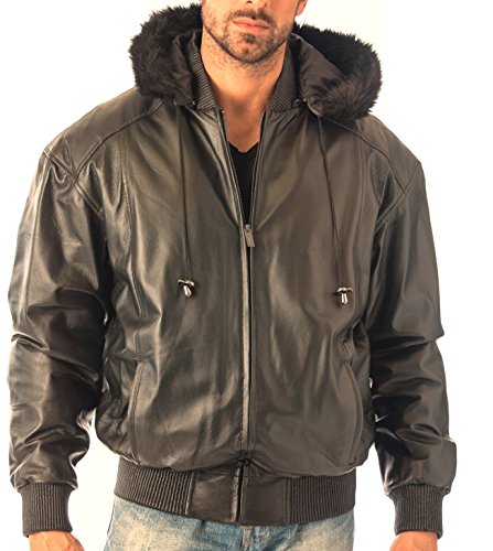REED Men's Hooded Leather Bomber Jacket with Zip Out - Imported from Reed Leather
