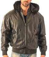 REED Men's Detachable Hooded Faux Fur Leather Bomber Jacket with Baseball Style Collar - Imported from Reed Leather