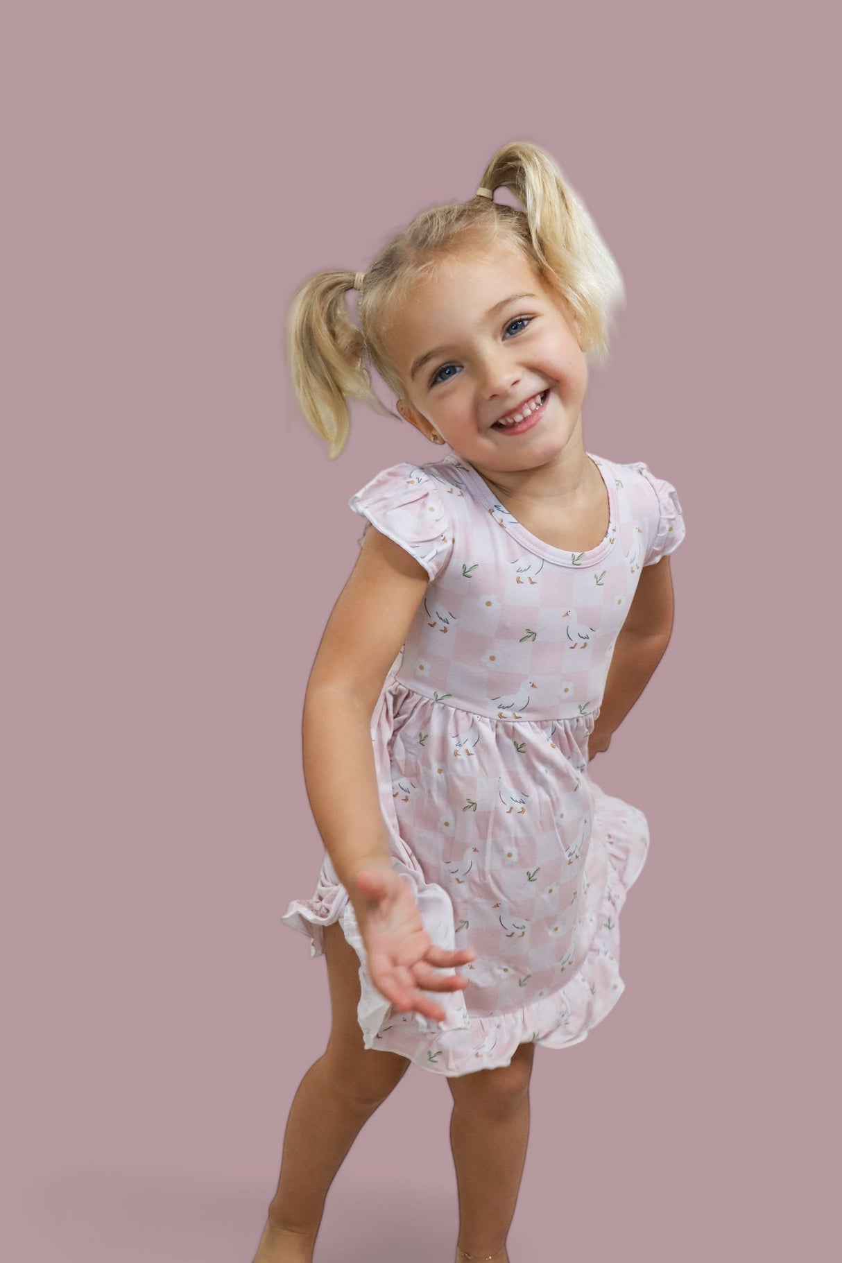 EXCLUSIVE DUCKS AND DAISIES DREAM CAP SLEEVE RUFFLE DRESS from DREAM BIG LITTLE CO