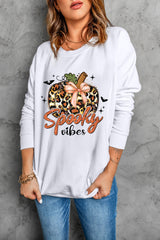 Beige Spooky Leopard Pumpkin Print Crew Neck Sweatshirt from MsDressly