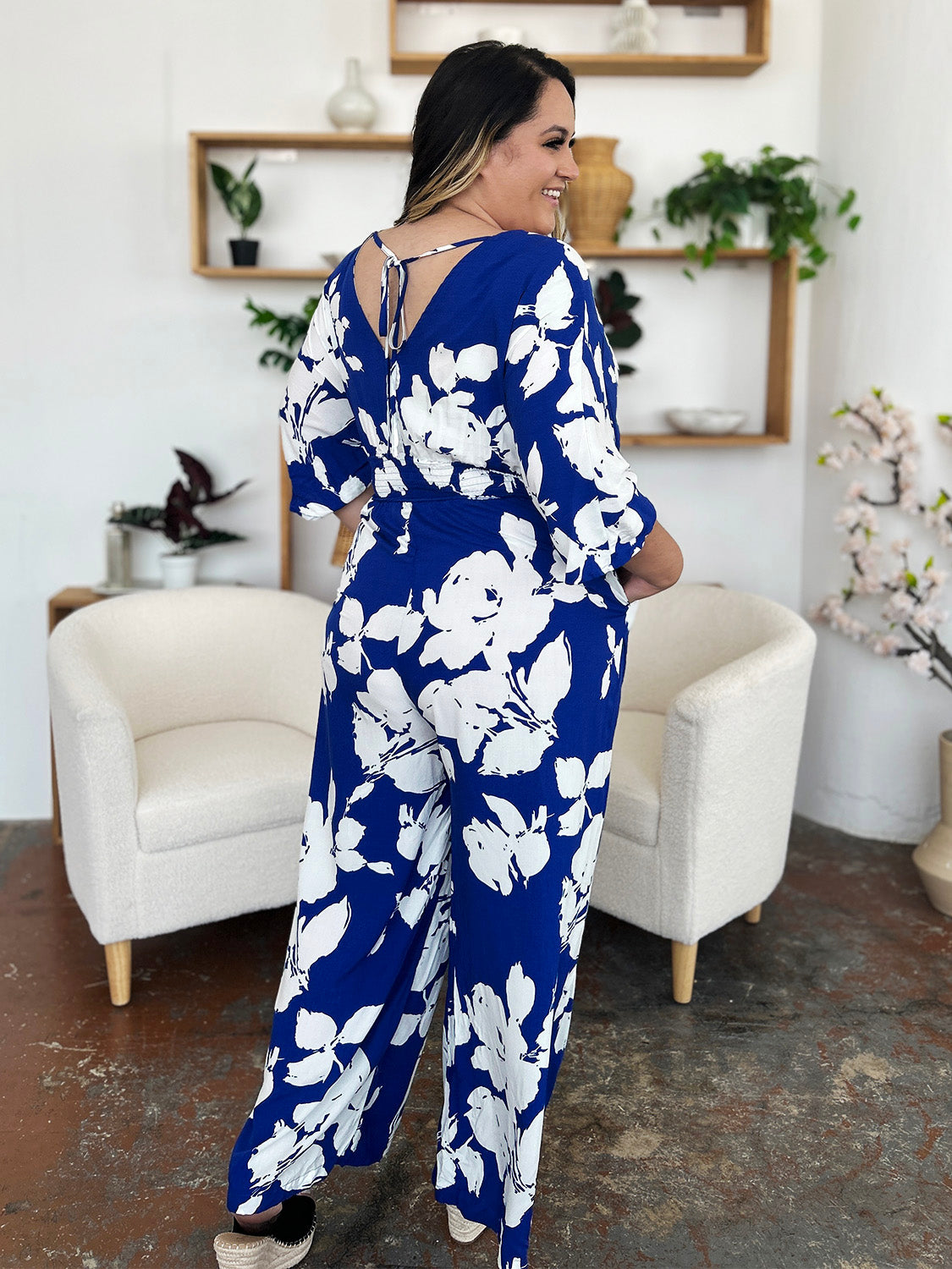 Double Take Full Size Printed Tie Back Wide Leg Jumpsuit from Enfance-Heureuse