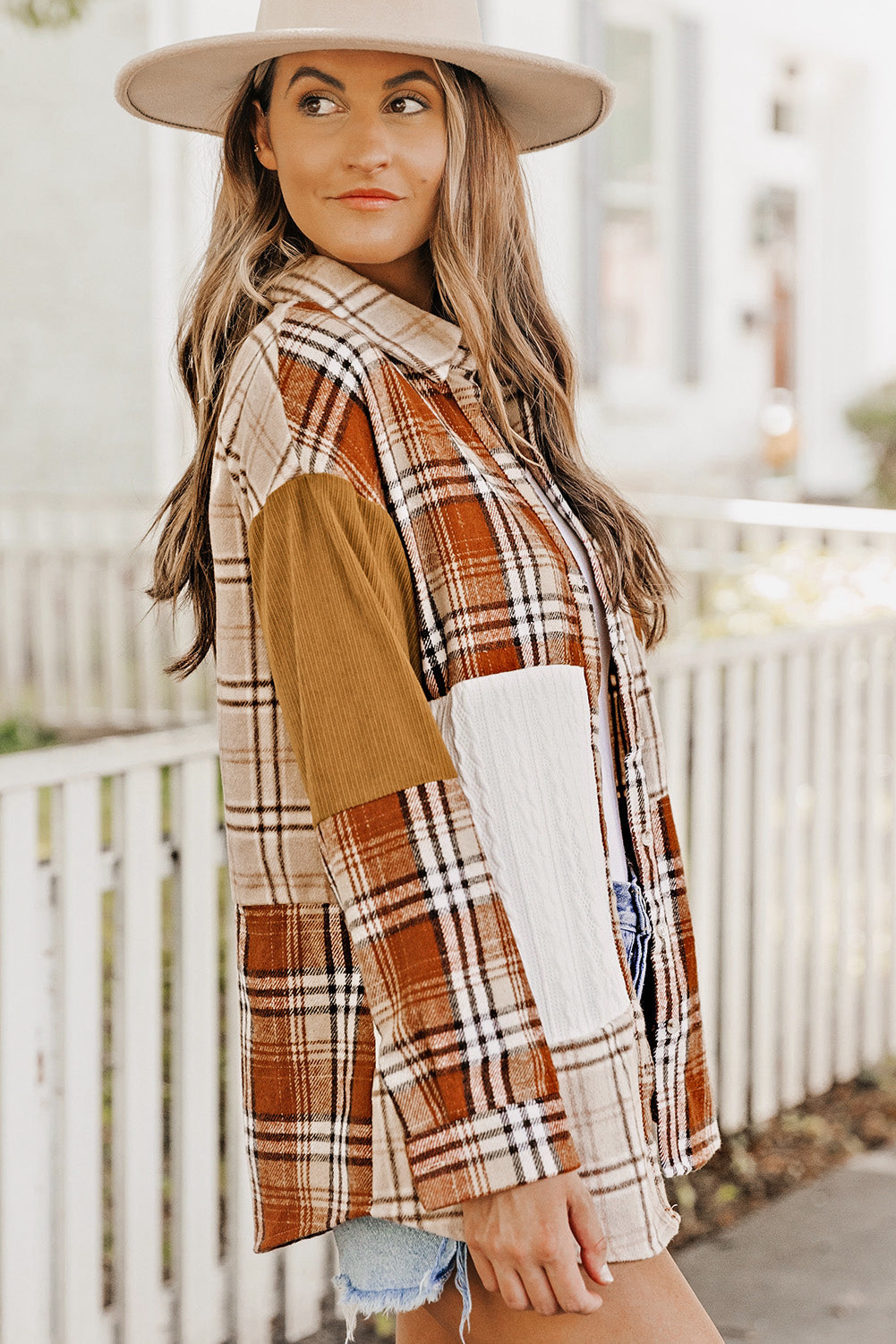 Sutton Plaid Color Block Patchwork Shirt Jacket with Pocket from Threaded Pear