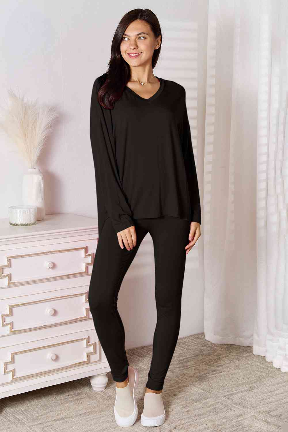 Basic Bae Full Size V-Neck Soft Rayon Long Sleeve Top and Pants Lounge Set from Enfance-Heureuse