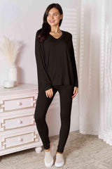 Basic Bae Full Size V-Neck Soft Rayon Long Sleeve Top and Pants Lounge Set from Enfance-Heureuse