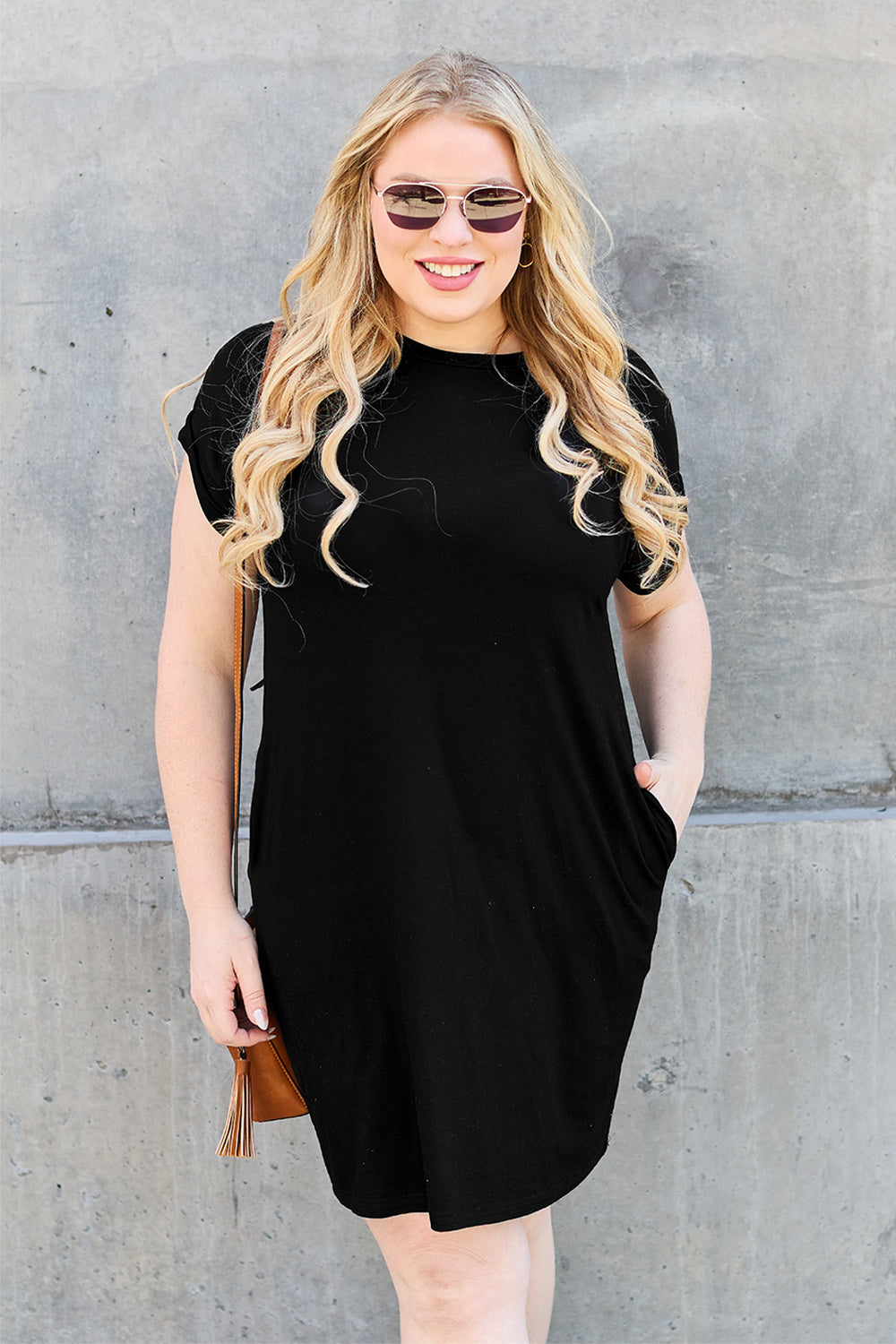 Basic Bae Bamboo Full Size Round Neck Short Sleeve Dress with Pockets from Enfance-Heureuse
