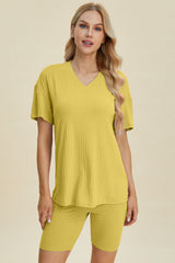 Basic Bae Full Size Ribbed V-Neck Short Sleeve Top and Shorts Set from Enfance-Heureuse