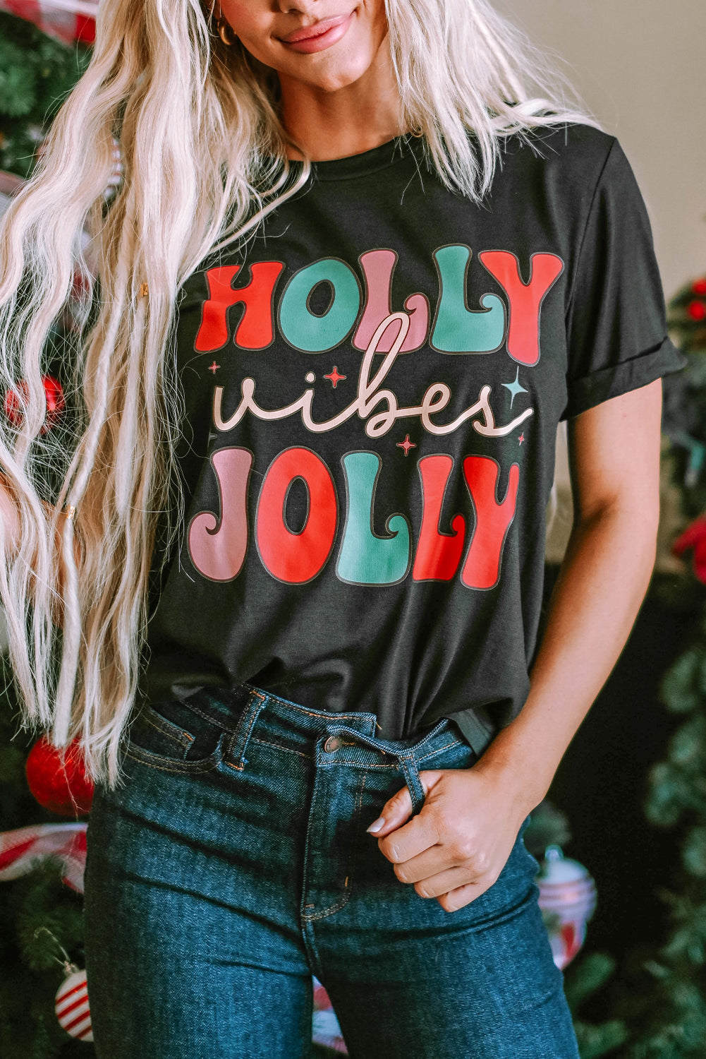 Black HOLLY JOLLY Vibes Christmas Crew Neck T Shirt from MsDressly