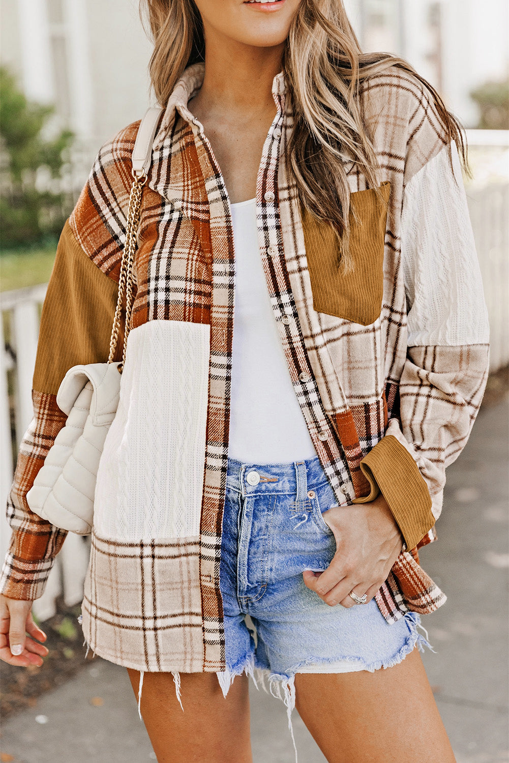 Sutton Plaid Color Block Patchwork Shirt Jacket with Pocket from Threaded Pear
