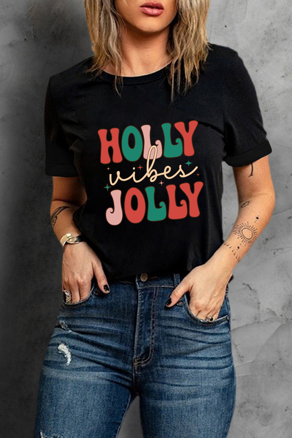 Black HOLLY JOLLY Vibes Christmas Crew Neck T Shirt from MsDressly