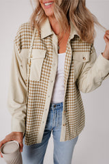 Beige Corduroy Shirt Jacket with Houndstooth Panel from MsDressly
