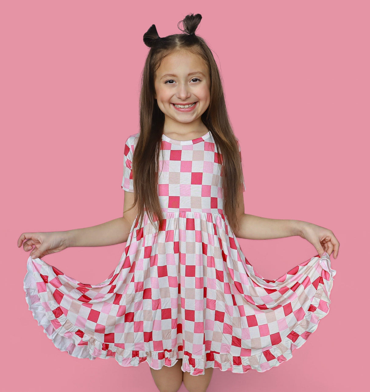 DREAMY PINK CHECKERS DREAM RUFFLE DRESS from DREAM BIG LITTLE CO