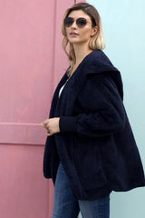 Blue Soft Fleece Hooded Open Front Coat From MsDressly