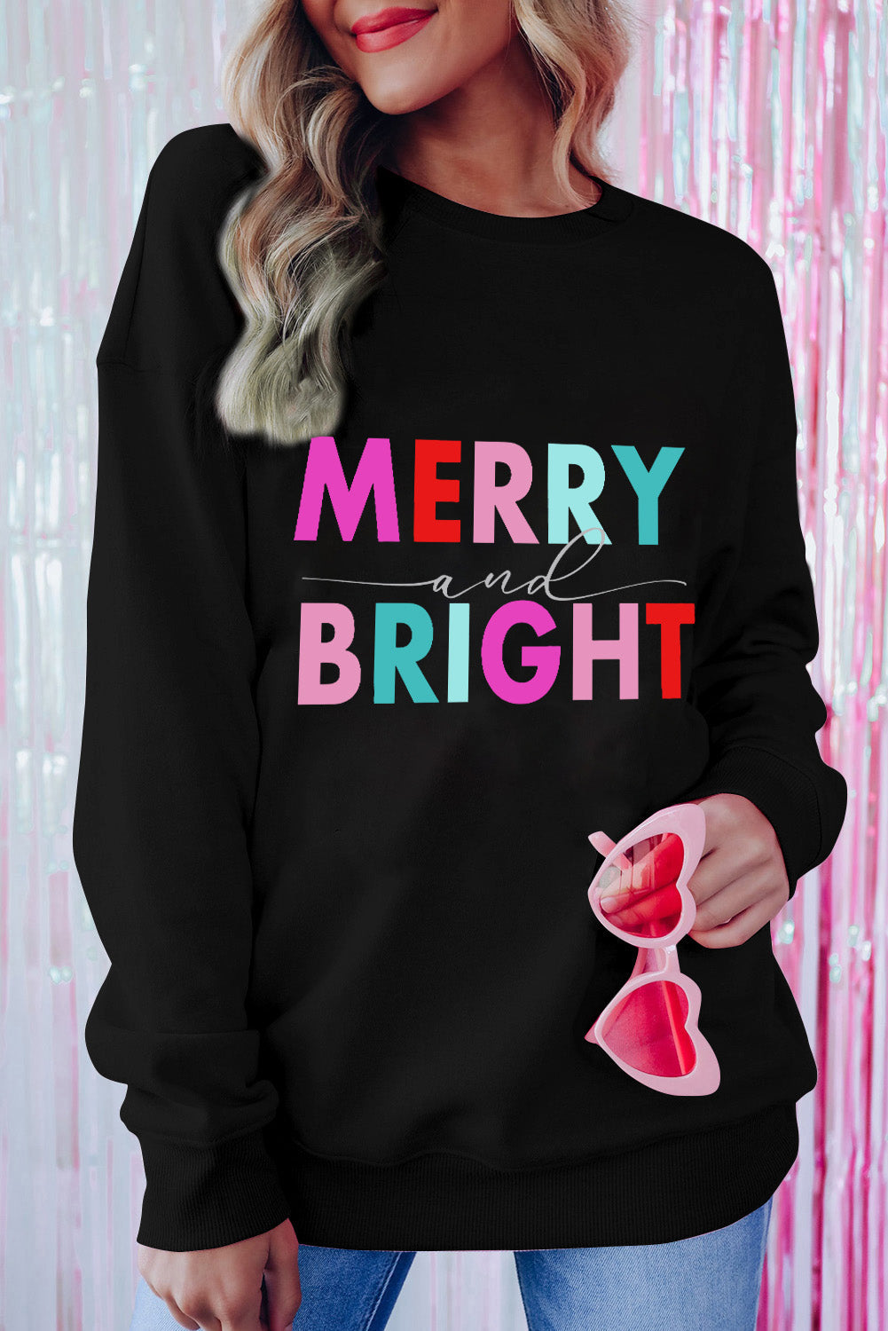 Black Colorful MERRY and BRIGHT Graphic Sweatshirt from MsDressly