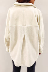 Beige Button-Up Stitching Pocket Raw Hem Shacket from MsDressly