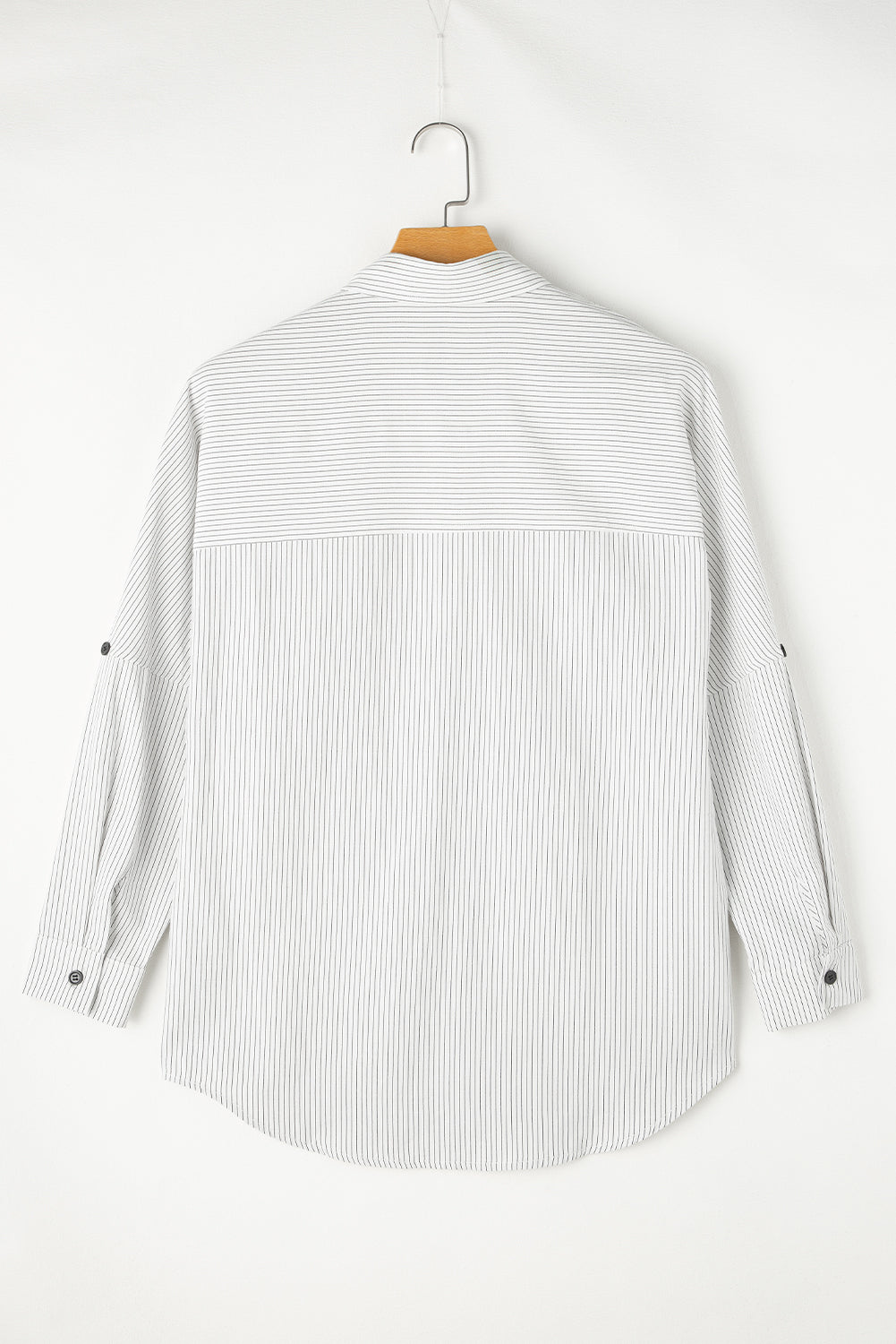 Black Stripe Roll-tab Sleeve Pocketed Long Shirt from MsDressly