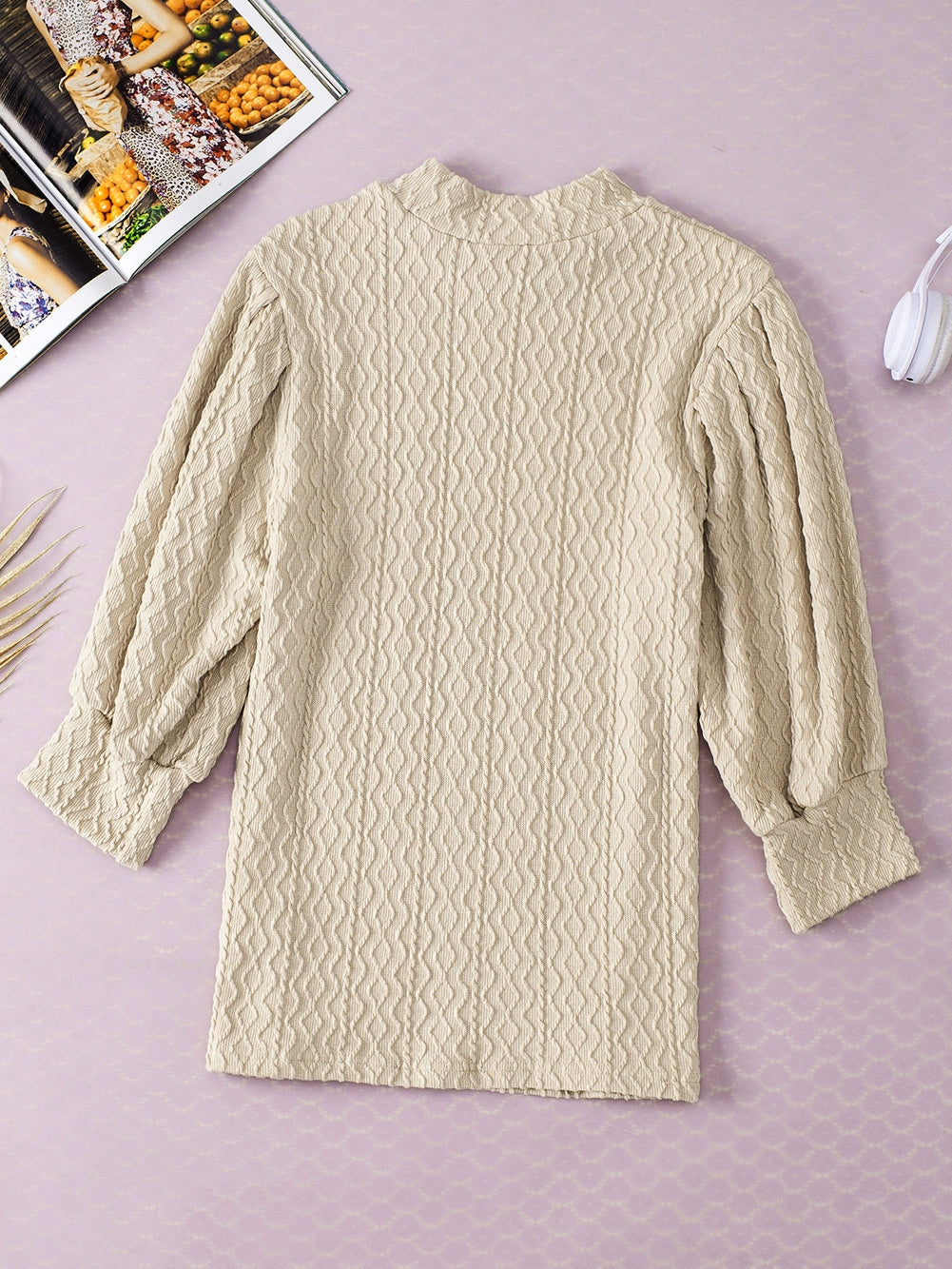Apricot Textured Vintage Mock Neck Top with Puff Sleeves from MsDressly