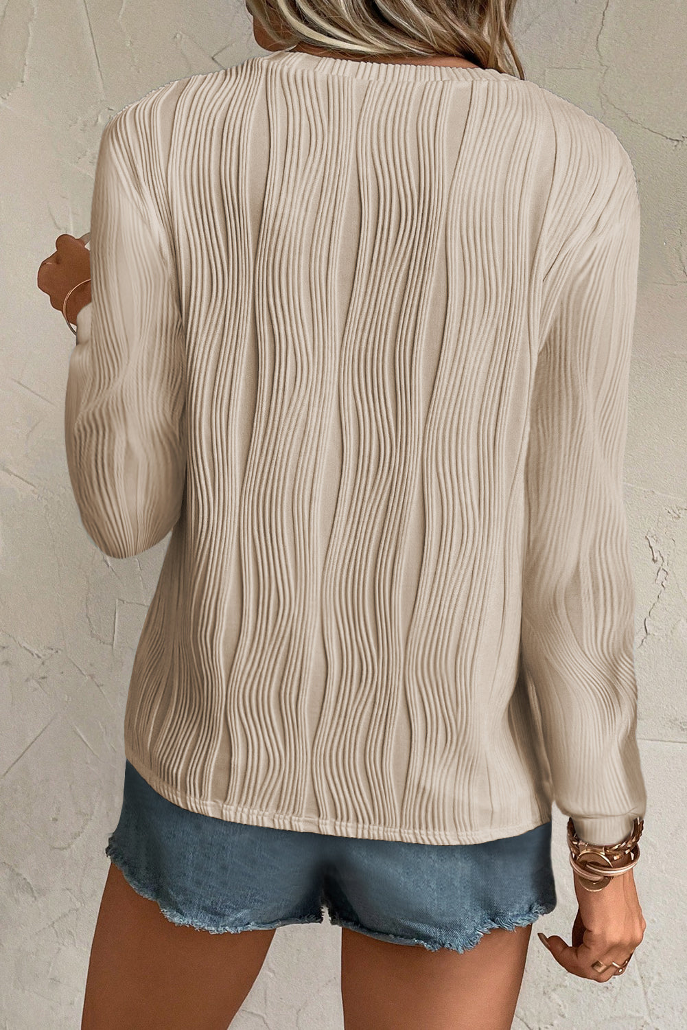 Apricot Textured Wavy Round Neck Long Sleeve Top from MsDressly