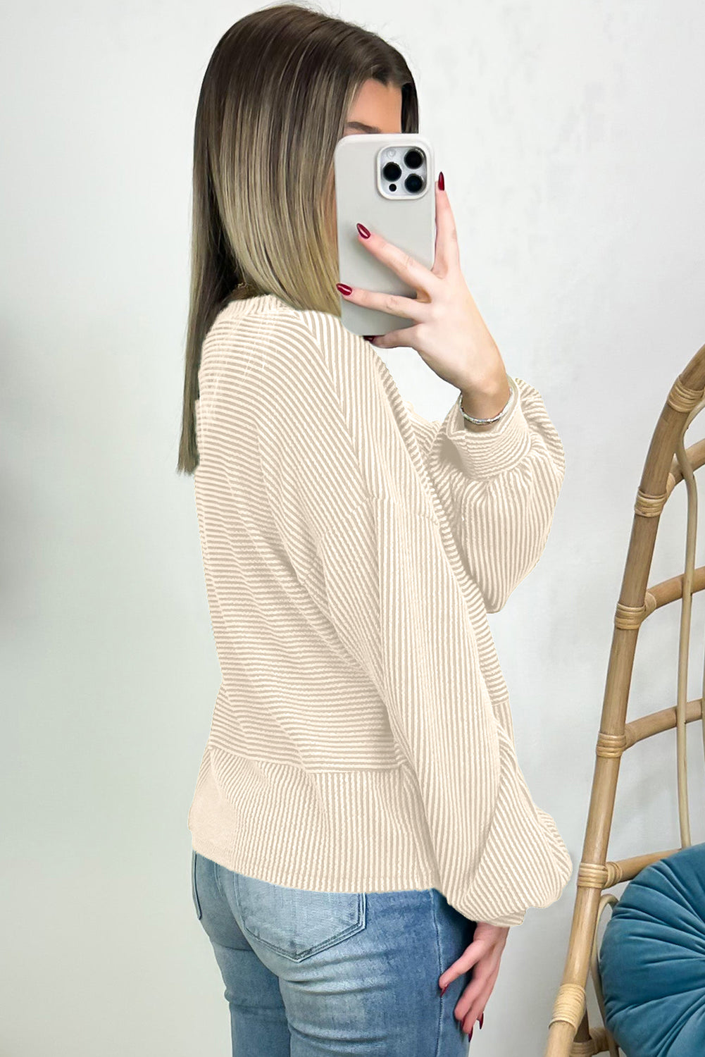 Apricot Corded Texture Lantern Sleeve Buttons Henley Sweatsuit from MsDressly