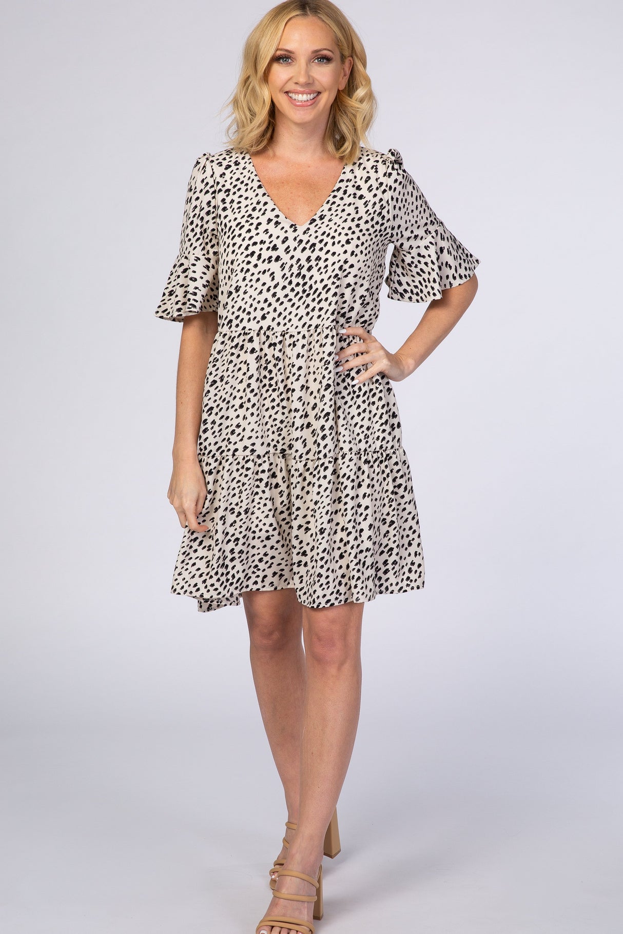 Beige Animal Print Ruffle Sleeve Dress from PinkBlush