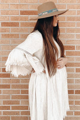 Beige Raw Edge Bell Sleeve Babydoll Maternity Dress from PinkBlush