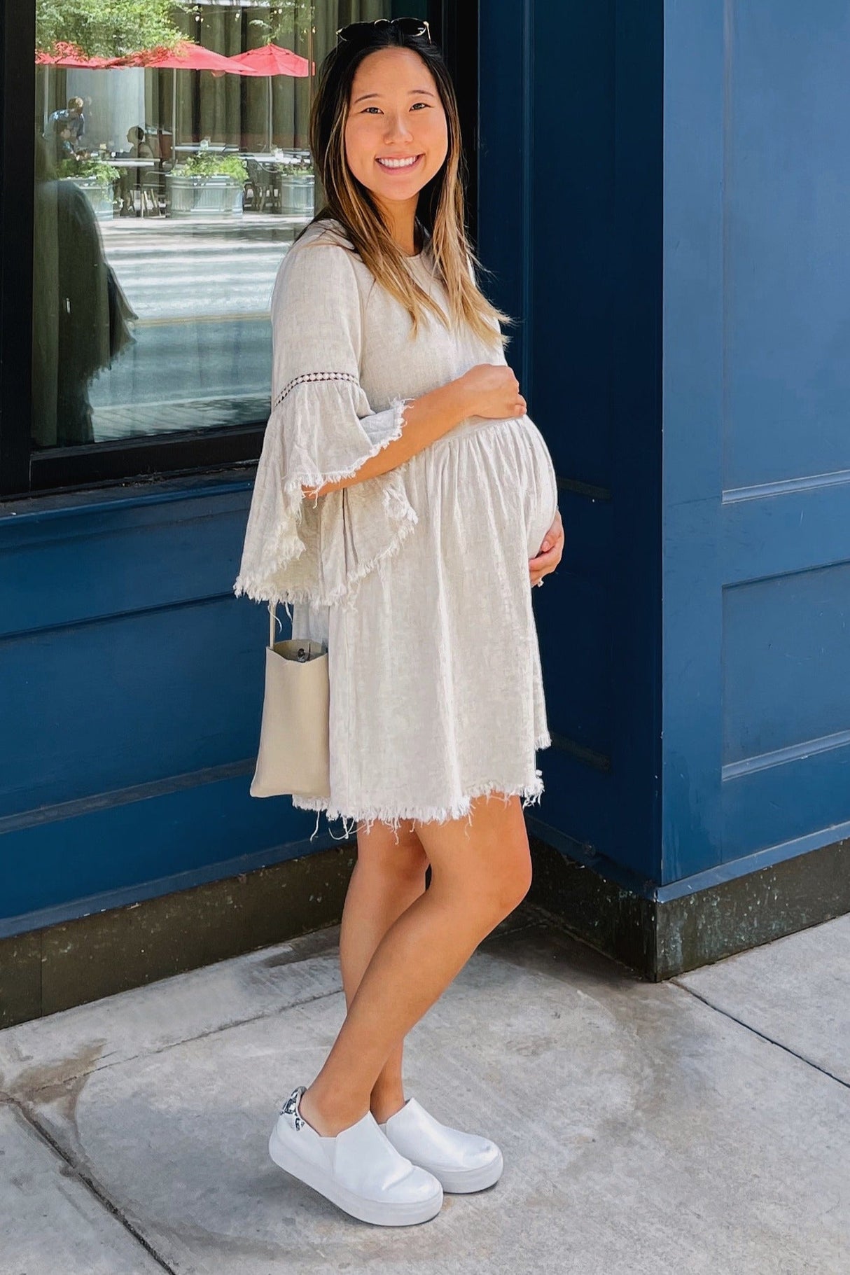 Beige Raw Edge Bell Sleeve Babydoll Maternity Dress from PinkBlush