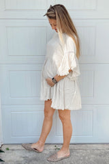 Beige Raw Edge Bell Sleeve Babydoll Maternity Dress from PinkBlush