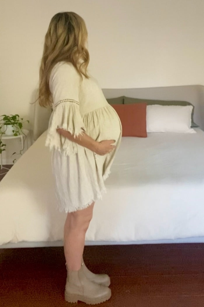 Beige Raw Edge Bell Sleeve Babydoll Maternity Dress from PinkBlush