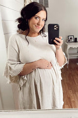 Beige Raw Edge Bell Sleeve Babydoll Maternity Dress from PinkBlush