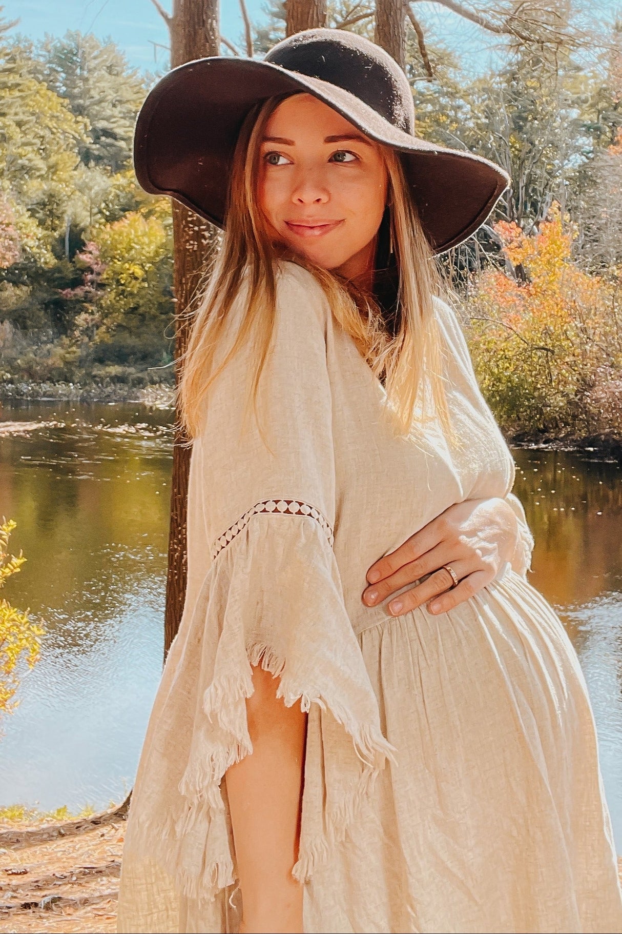 Beige Raw Edge Bell Sleeve Babydoll Maternity Dress from PinkBlush