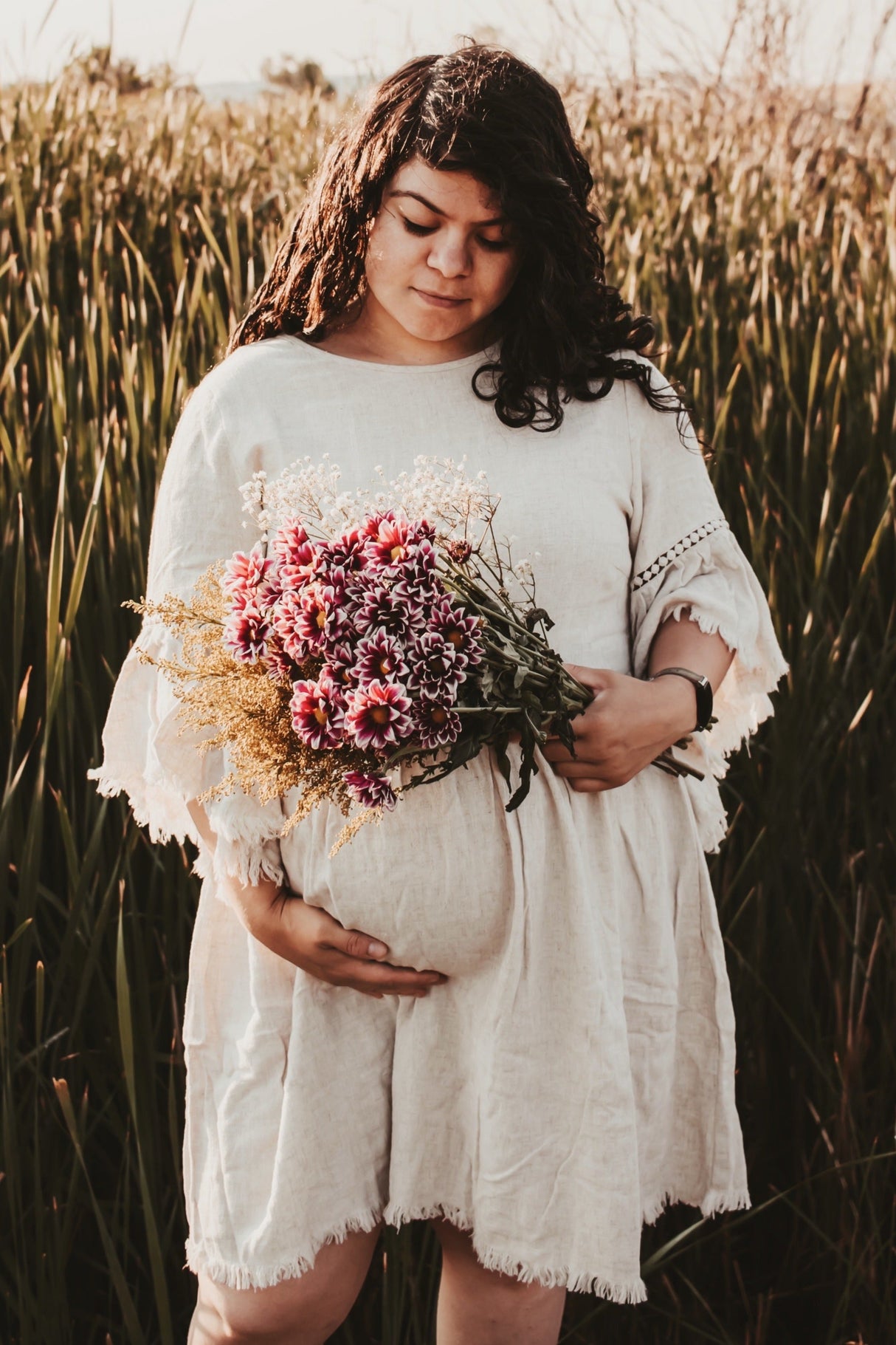 Beige Raw Edge Bell Sleeve Babydoll Maternity Dress from PinkBlush