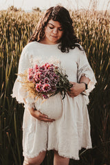 Beige Raw Edge Bell Sleeve Babydoll Maternity Dress from PinkBlush