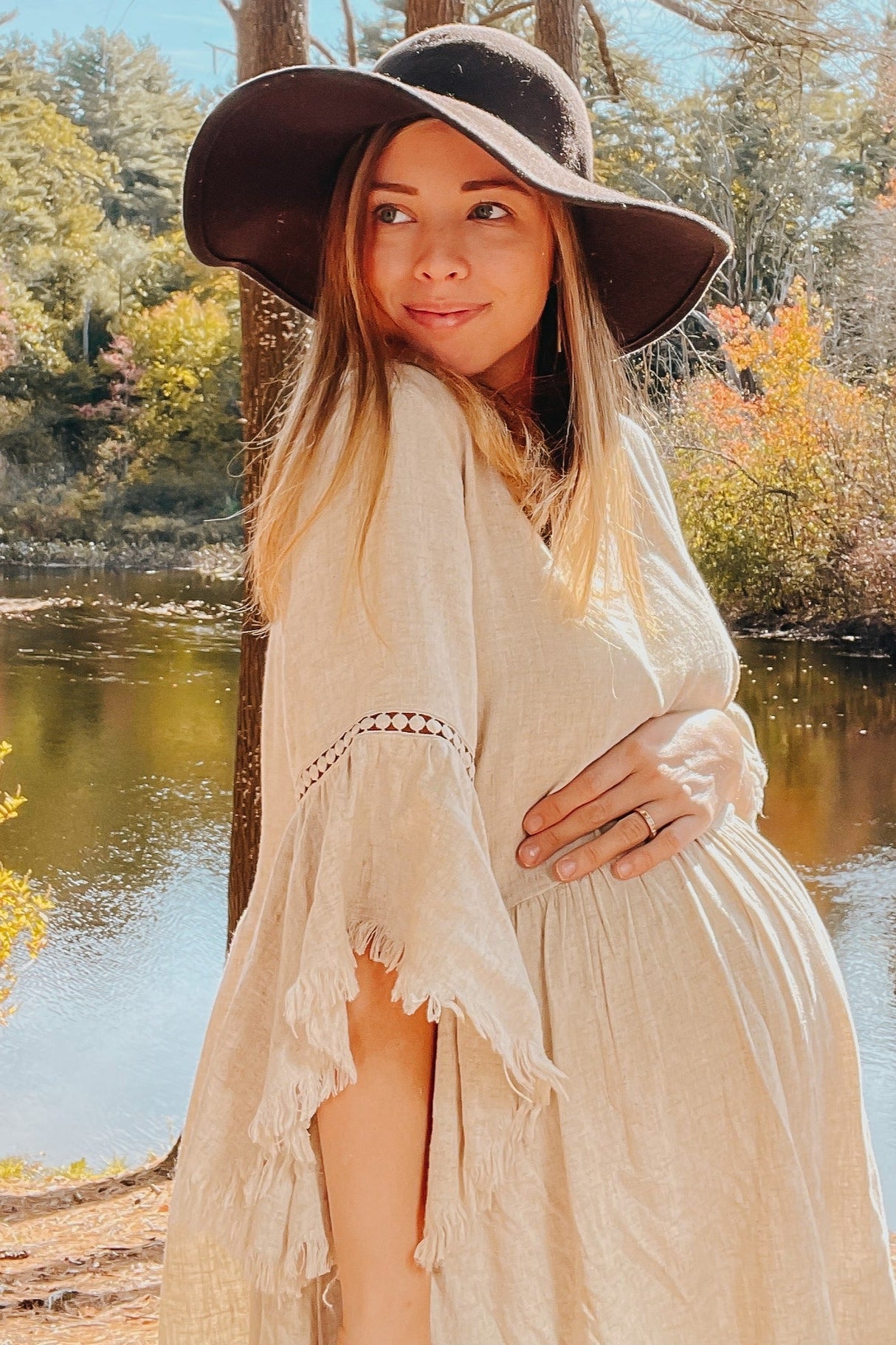 Beige Raw Edge Bell Sleeve Babydoll Maternity Dress from PinkBlush