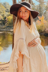 Beige Raw Edge Bell Sleeve Babydoll Maternity Dress from PinkBlush