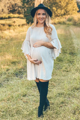 Beige Raw Edge Bell Sleeve Babydoll Maternity Dress from PinkBlush