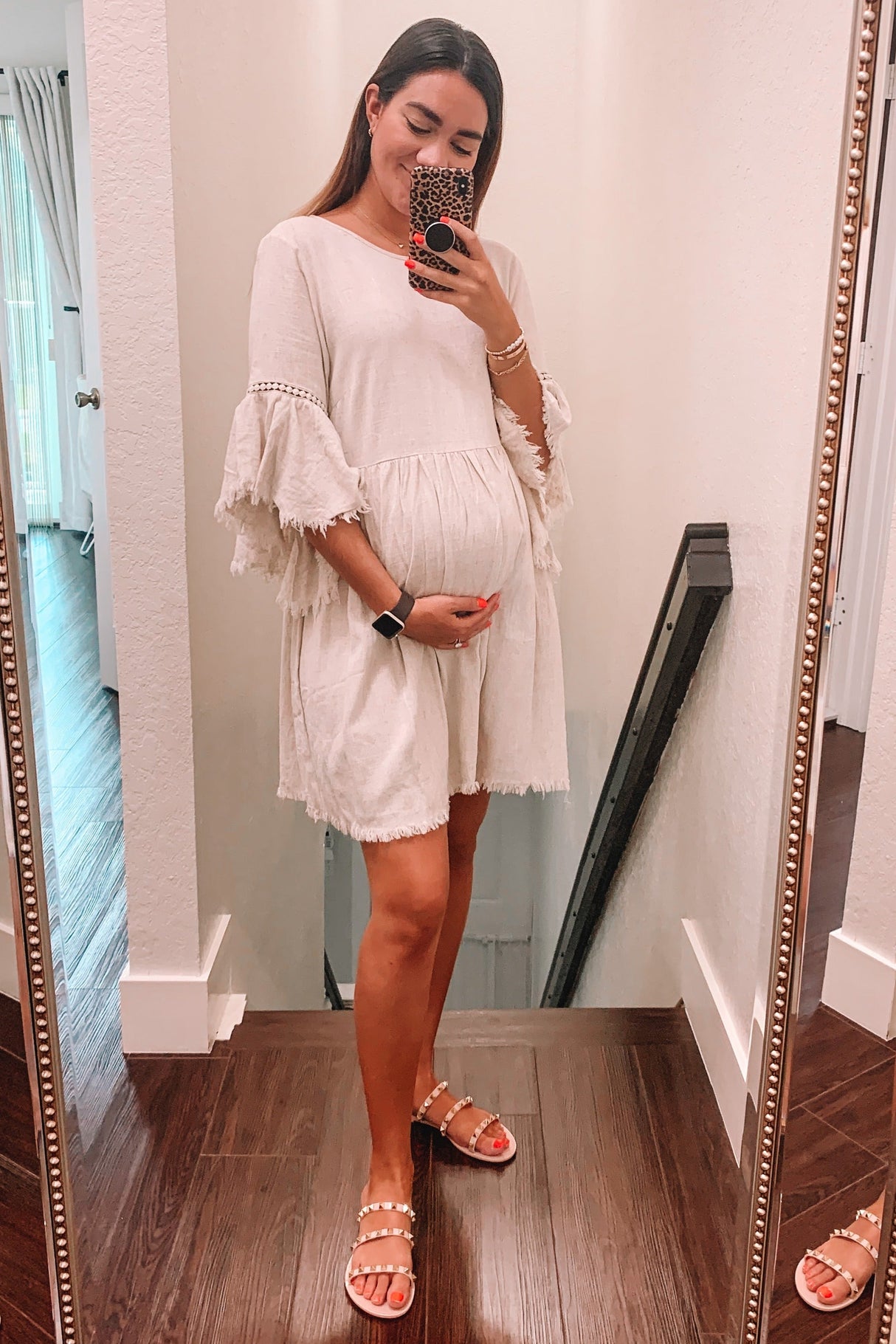 Beige Raw Edge Bell Sleeve Babydoll Maternity Dress from PinkBlush