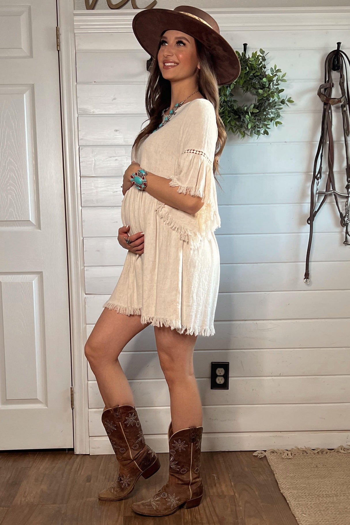 Beige Raw Edge Bell Sleeve Babydoll Maternity Dress from PinkBlush