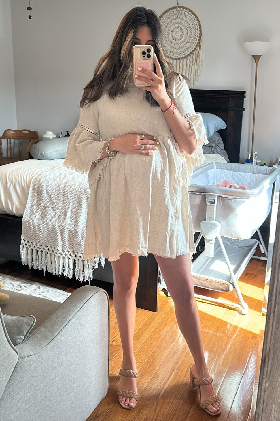 Beige Raw Edge Bell Sleeve Babydoll Maternity Dress from PinkBlush