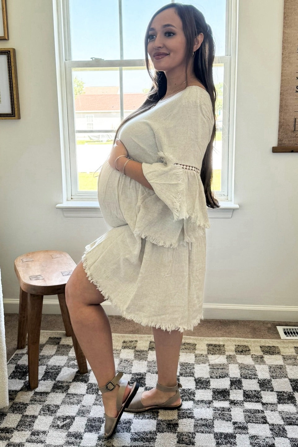 Beige Raw Edge Bell Sleeve Babydoll Maternity Dress from PinkBlush